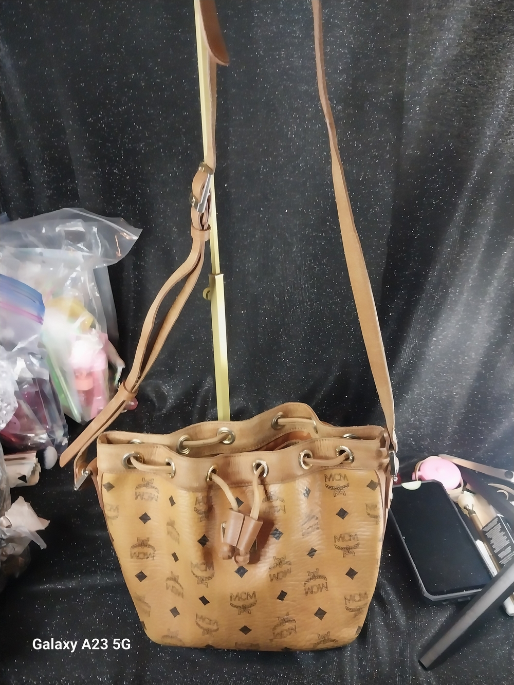 MCM Cognac Visetos Drawstring Crossbody Bag